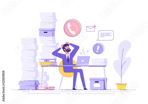 Tired and exasperated office worker is grabbed his head among piles of papers and documents. Stress in the office. Rush work. Modern vector illustration.
