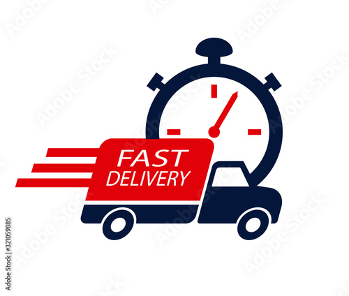 Fast delivery icon design element vector. Truck and timer illustration. Speed shipping concept.