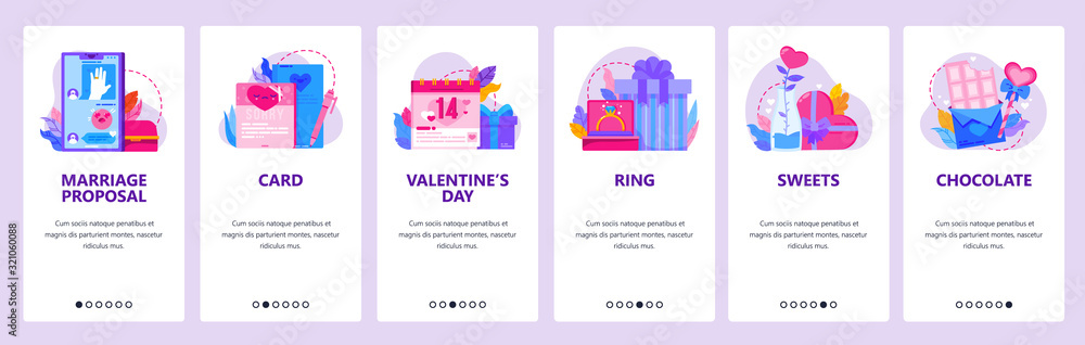 Marriage proposal online in messages. Valentine day gifts. Sweets, chocolate. Mobile app onboarding screens. Vector banner template for website and mobile development. Web site design illustration Marriage proposal online in messages. Valentine day gifts. Sweets, chocolate. Mobile app onboarding screens. Vector banner template for website and mobile development. Web site design illustration