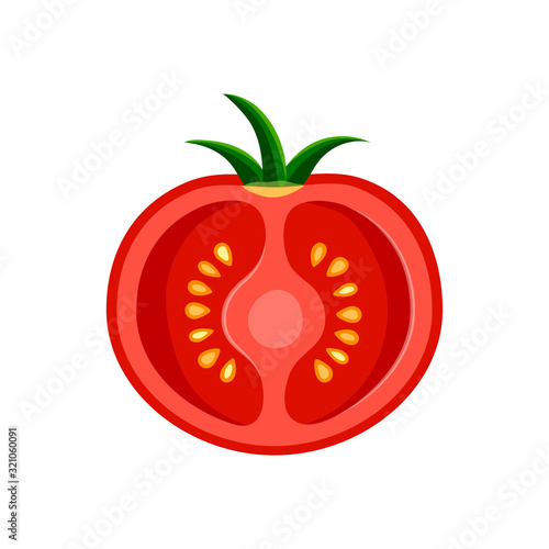 Red juicy tomato slice isolated on white background. Flat natural food icon. Vector illustration