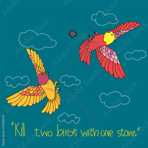 Proverbs compare. Kill two birds with one stone. Have good skills and strategies. Vector art . Concept of production efficiency, 