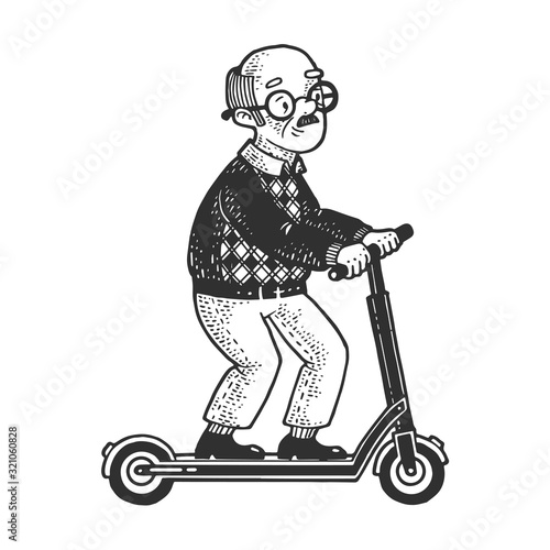 Old man grandfather rides on electric Kick scooter sketch engraving vector illustration. T-shirt apparel print design. Scratch board imitation. Black and white hand drawn image.