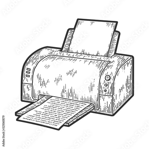 Printer printing text on paper sketch engraving vector illustration. T-shirt apparel print design. Scratch board imitation. Black and white hand drawn image.