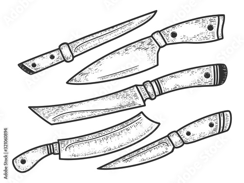 Knife set sketch engraving vector illustration. T-shirt apparel print design. Scratch board imitation. Black and white hand drawn image.