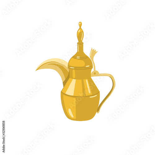 dallah - traditional golden arabic teapot, metal pot with a long spout, icon in flat cartoon style isolated on a white