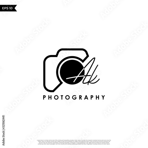 Initial Letter AK with camera. Logo photography simple luxury vector.