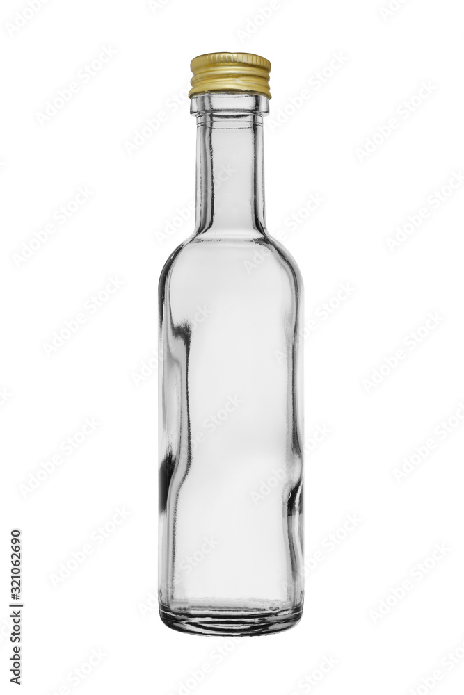 An empty bottle of clear, colorless glass covered with a metal lid. Isolated on a white background
