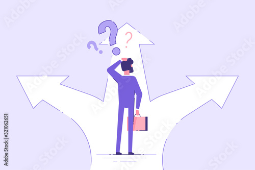 Businessman standing on a crossroad and choosing direction. Business concept. Modern vector illustration.