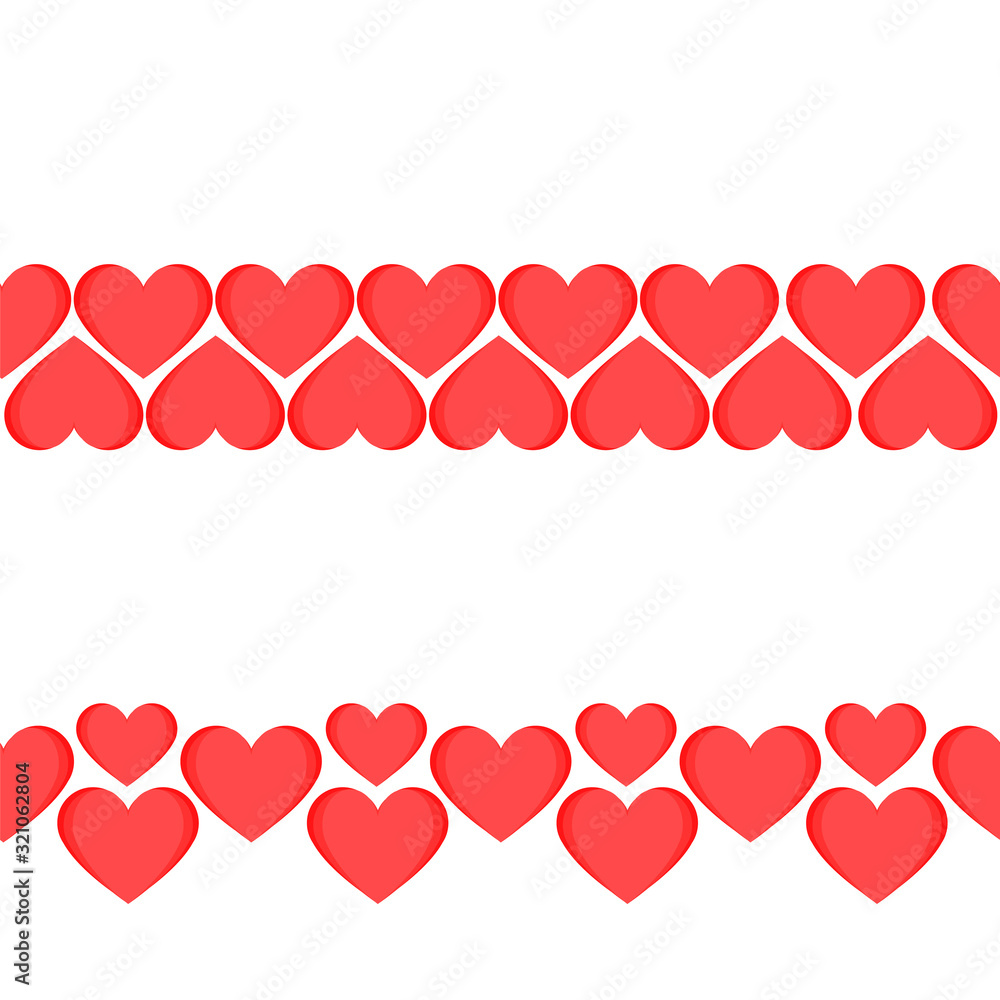 Valentine's day vector repeat border with red hearts. Love decoration. Romantic frame.