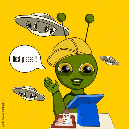 seller alien dressed in a yellow cap in the diner sold a hamburger and a drink and waves his hand, showing that the cash desk is free and cries Next please !!!