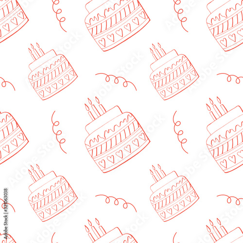 Birthday seamless pattern with cute cakes for greeting card, background, postcard, invitation, cover, wallpaper. Hand drawn sweets for holiday, party. Textile print.