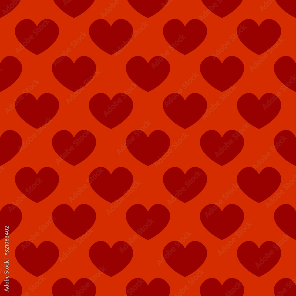 Valentines Day pattern with red hearts on orange background