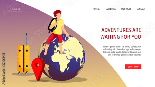 Web page design template for discovery, Tourism agency, Travel. Boy sitting on the globe, location sign and suitcase. Vector illustration for banner, poster, website, commercial, advertisement.