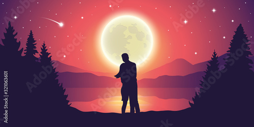 couple looks to the full moon and falling stars at beautiful lake vector illustration EPS10