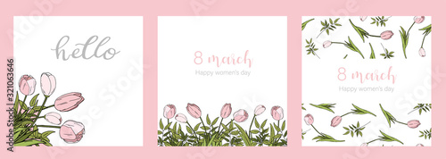 Fototapeta Zestaw kart okolicznościowych. Szczęśliwy Międzynarodowy Dzień Kobiet 8 marca. Szablon karty z pozdrowieniami z realistyczne piękne kwitnące tulipany różowe kolory, zielone liście na białym tle.