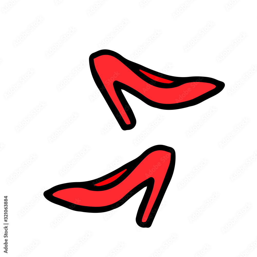 Red shoes with stiletto heel icon in doodle style isolated on white background. hand draw doodle illustration. Red shoes with stiletto heel icon in doodle style isolated on white background. hand draw doodle illustration.