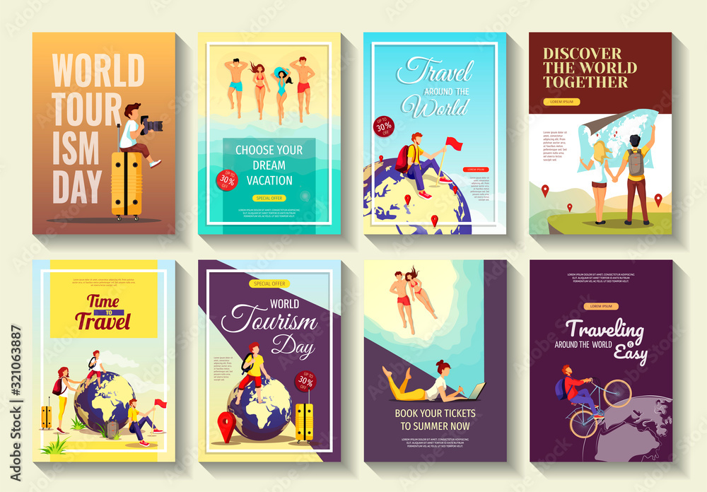 Set of 8 cards for Discovery, Travel agency, World Tourism Day, Vacation. A4 Vector illustration for poster, banner, flyer, commercial, advertisement.