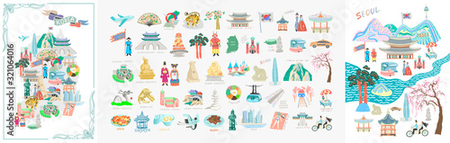 set of 50 doodle vector illustration - sights of South Korea travel collection