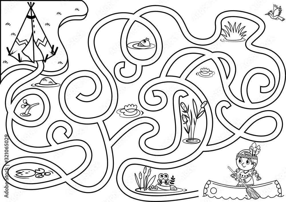 Can you help the native girl to find the village? Vector puzzle game for kids. Native American Girl maze Game For Kids. Black and white. Vector illustration. Can you help the native girl to find the village? Vector puzzle game for kids. Native American Girl maze Game For Kids. Black and white. Vector illustration.