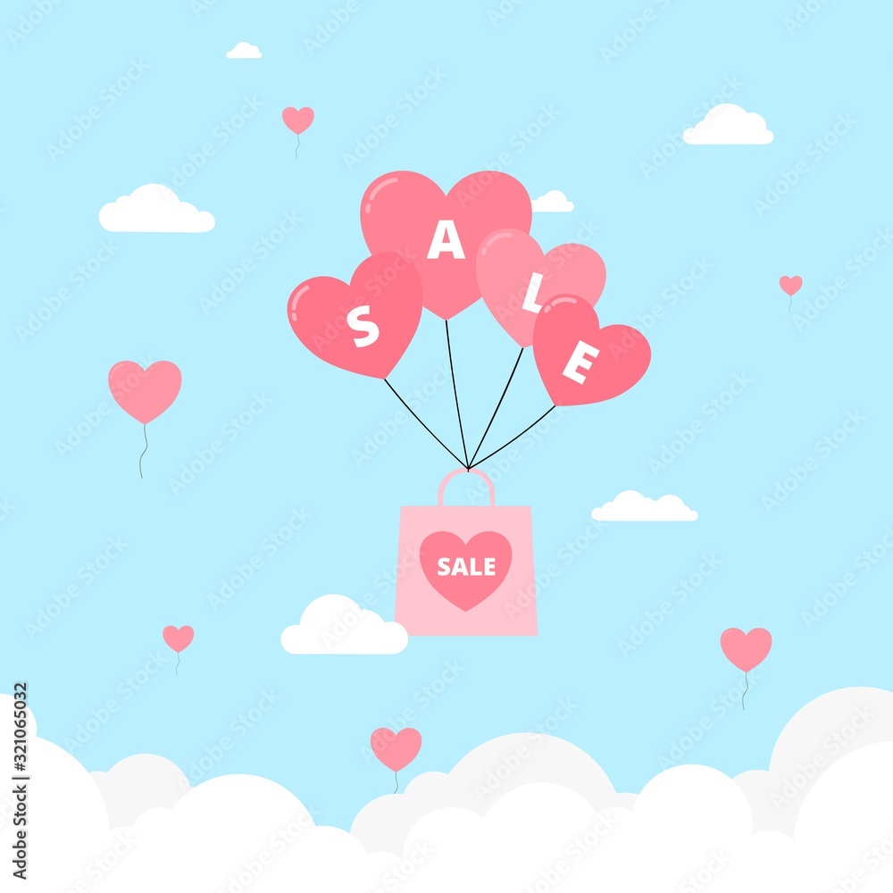 Sweet valentine’s sale poster with pink shopping and heart balloon on blue sky background for e-commerce