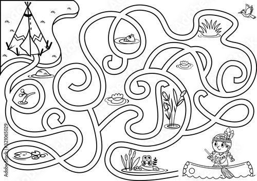 Can you help the native girl to find the village  Vector puzzle game for kids. Native American Girl maze Game For Kids. Black and white. Vector illustration.