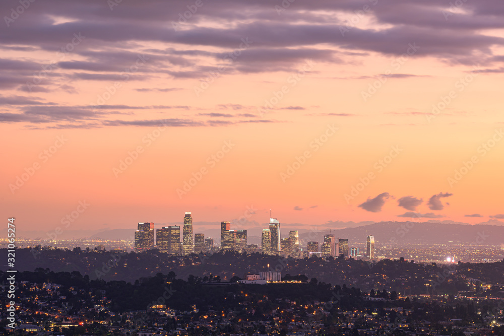 Downtown Los Angeles skyscrapers at sunset