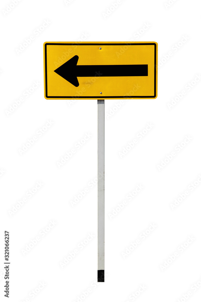 Left Arrow yellow metal road sign isolated on white.
