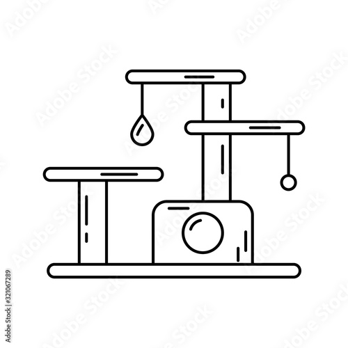 Game complex for cats icon. Thin line art logo of scratching post with bench and home with round entry. Black simple illustration. Contour isolated vector image on white background