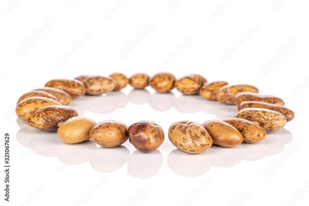 Lot of whole mottled brown bean pinto circle isolated on white background Lot of whole mottled brown bean pinto circle isolated on white background