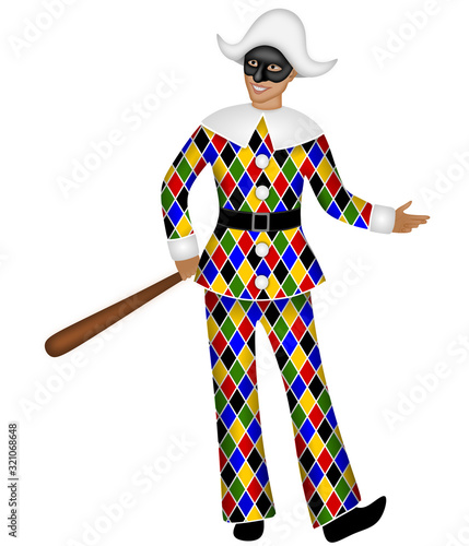 Italian traditional mask of Arlecchino. Colorful Harlequin Carnival costume