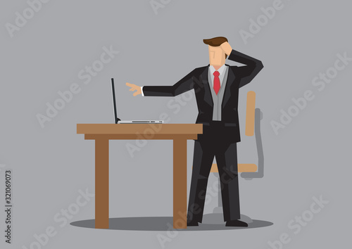 Business man in suit worry about the error in his computer at his office desk.