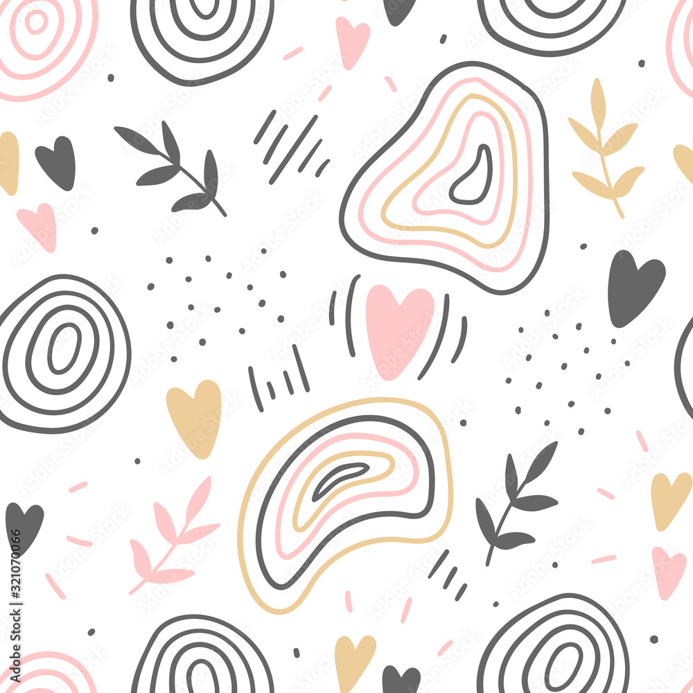Hand drawn decorative abstract kids seamless pattern for print, textile, apparel design. Modern cute girly background. Hand drawn decorative abstract kids seamless pattern for print, textile, apparel design. Modern cute girly background.