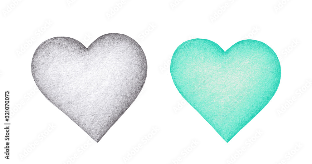Set of two Isolated Hand drawn Pencil drawing black and white and turquoise simple hearts on a white background. Cute elements for for design, greeting card, banner.