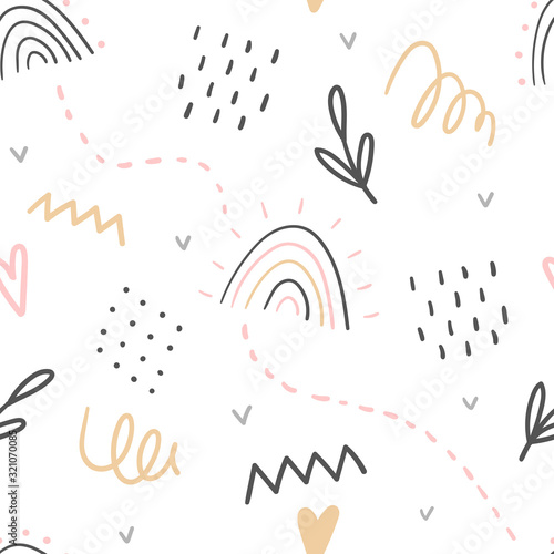 Hand drawn decorative abstract kids seamless pattern for print, textile, apparel design. Modern cute girly background.