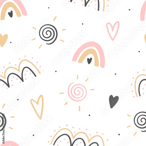 Hand drawn decorative abstract kids seamless pattern for print, textile, apparel design. Modern cute girly background.