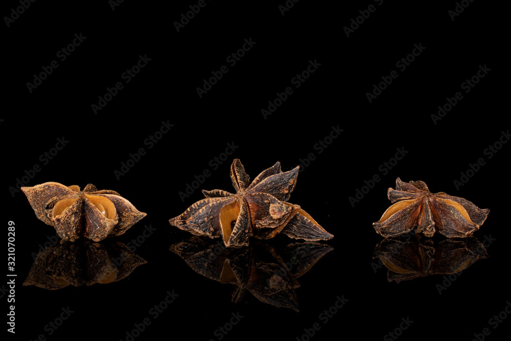 Group of three whole aromatic brown badian isolated on black glass