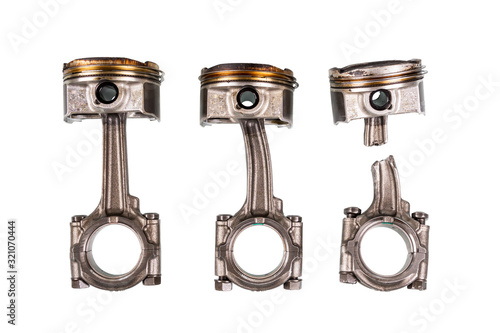 Piston and connecting rod  damage isolated on white background  with clipping path