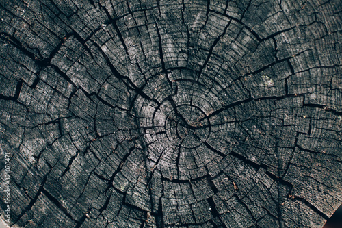 The texture of an old wooden stump. Cracks in the wood. Close-up  view from above