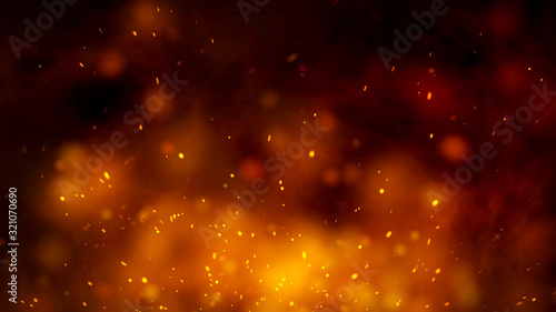 Abstract flame of fire with sparks orange smoke. Fantasy holiday background. Digital fractal art.Burning embers glowing flying away particles over black background.