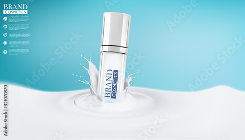 Cosmetic realistic vector shining background with spray bottle. spray bottle White in milk splash.Mock-up promo banner poster