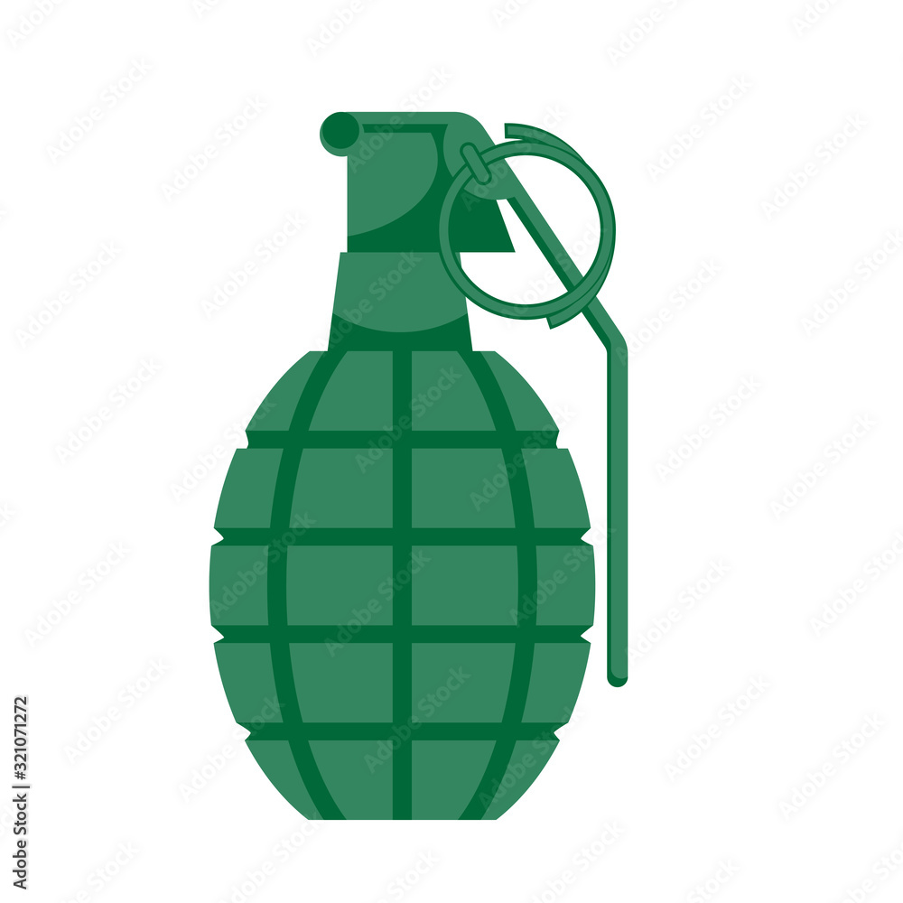 Fototapeta premium A hand grenade is green on a white isolated background. Vector image.