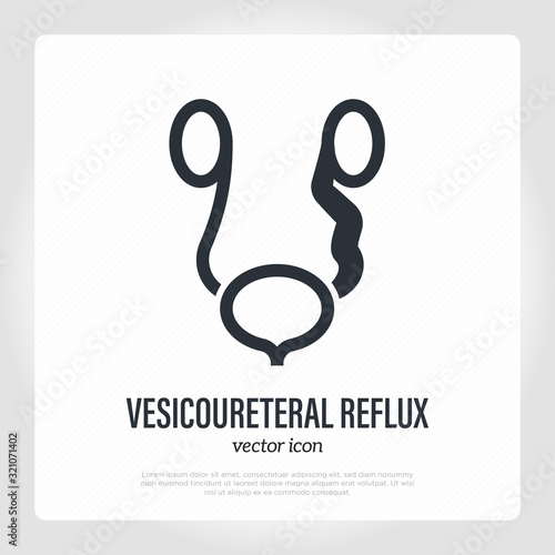 Vesicoureteral reflux. Urine flows backward from bladder into kidneys. Thin line icon. Healthcare and medical vector illustration.