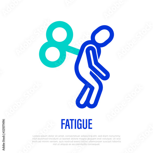 Fatigue, stress, depression. Tired man with clockwork in back. Thin line icon. Vector illustration.