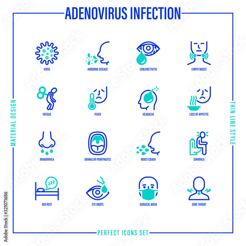Adenovirus infection thin line icons set. Airborne disease, lymph nodes, fever, headache, runny nose, pharyngitis, moist cough, surgical mask, sore throat. Vector illustration of coronavirus symptoms