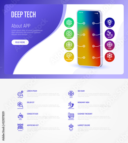 Deep tech web page template with copy space. Mobile app on smartphone with thin line icons. Ai, innovation, intellectual property, quantum computing, blockchain, robotics. Vector illustration