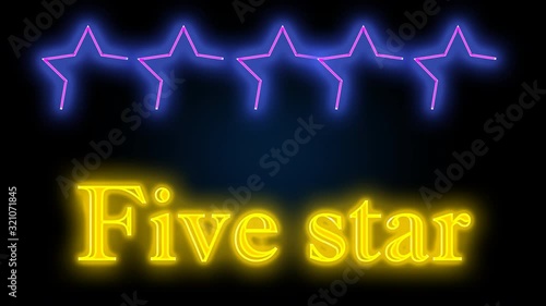 The 80s retro style neon signboard animation, five stars glowing with purple and pink neon colors and below them written five stars in yellow color. 4k loopable 80s backdrop. photo