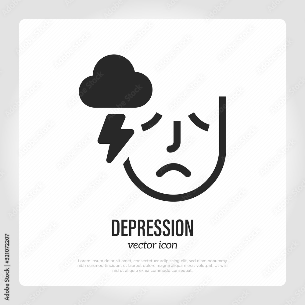 Obraz premium Depression: sad man with sign of storm. Bad mood. Negative emotion. Thin line icon. Vector illustration.