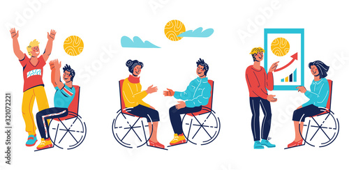 Environment accessibility for persons with mobile limits and their socialization banner template with diverse disabled handicapped people performing sport activity, creating relations and working.