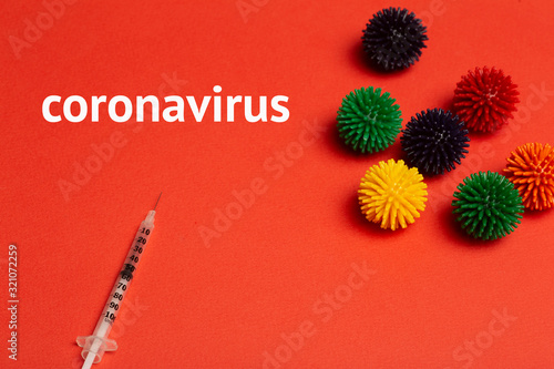 Coronavirus 2019-ncov epidemic concept. Microbiological model of a virus molecule on a red background. Medicine, treatment, vaccine and disease research concept