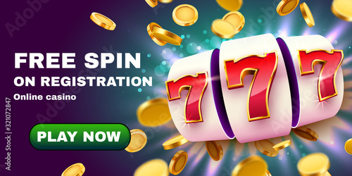 Golden slot machine with flying golden coins wins the jackpot. Big win concept.